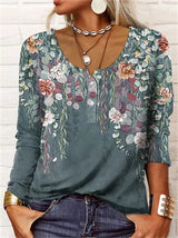 Women's Long-Sleeve Printed V-Neck Loose T-Shirt