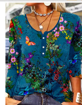 Women's Long-Sleeve Printed V-Neck Loose T-Shirt