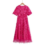 Three dimensional flower V-neck short sleeved long dress