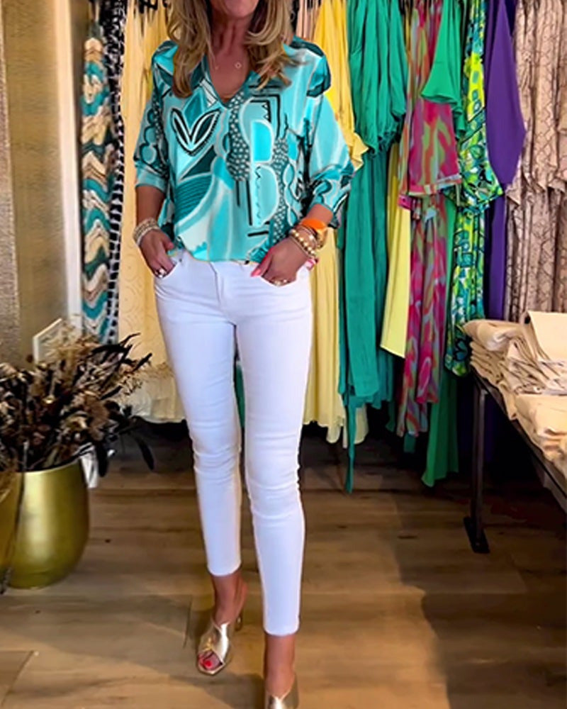 Printed V-Neck Three-Quarter Sleeve Casual Womens Top T-Shirt