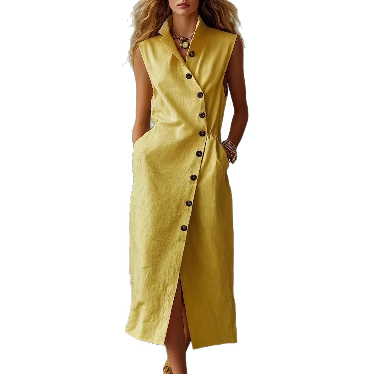 Slim-fit Elegant Single-breasted Dress With A Stand-up Collar For Women