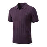 Men's Green Vertical Rib Knit Polo Shirt, Johnny Collar Short Sleeve Casual Top