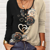 Women's Long-Sleeve Printed V-Neck Loose T-Shirt