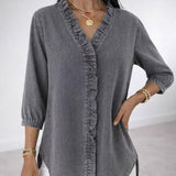 Women's Fashionable Casual Faux Denim V-Neck Shirt