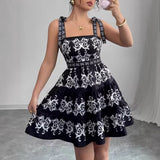 New Stylish Retro Minimalist Burnt-Flower Lace-Up Strap Black Short Dress