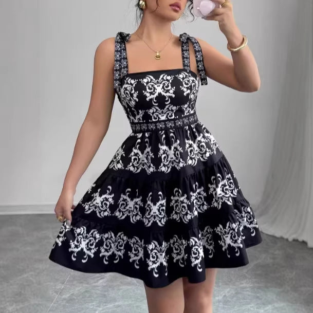 New Stylish Retro Minimalist Burnt-Flower Lace-Up Strap Black Short Dress
