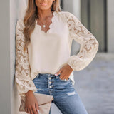 New Womens V-Neck Wave-Pattern Floral Lace Long-Sleeve Shirt
