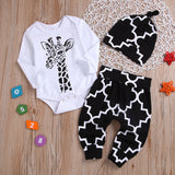 Children's Giraffe Print Crew Neck Romper Hat Three Piece Set