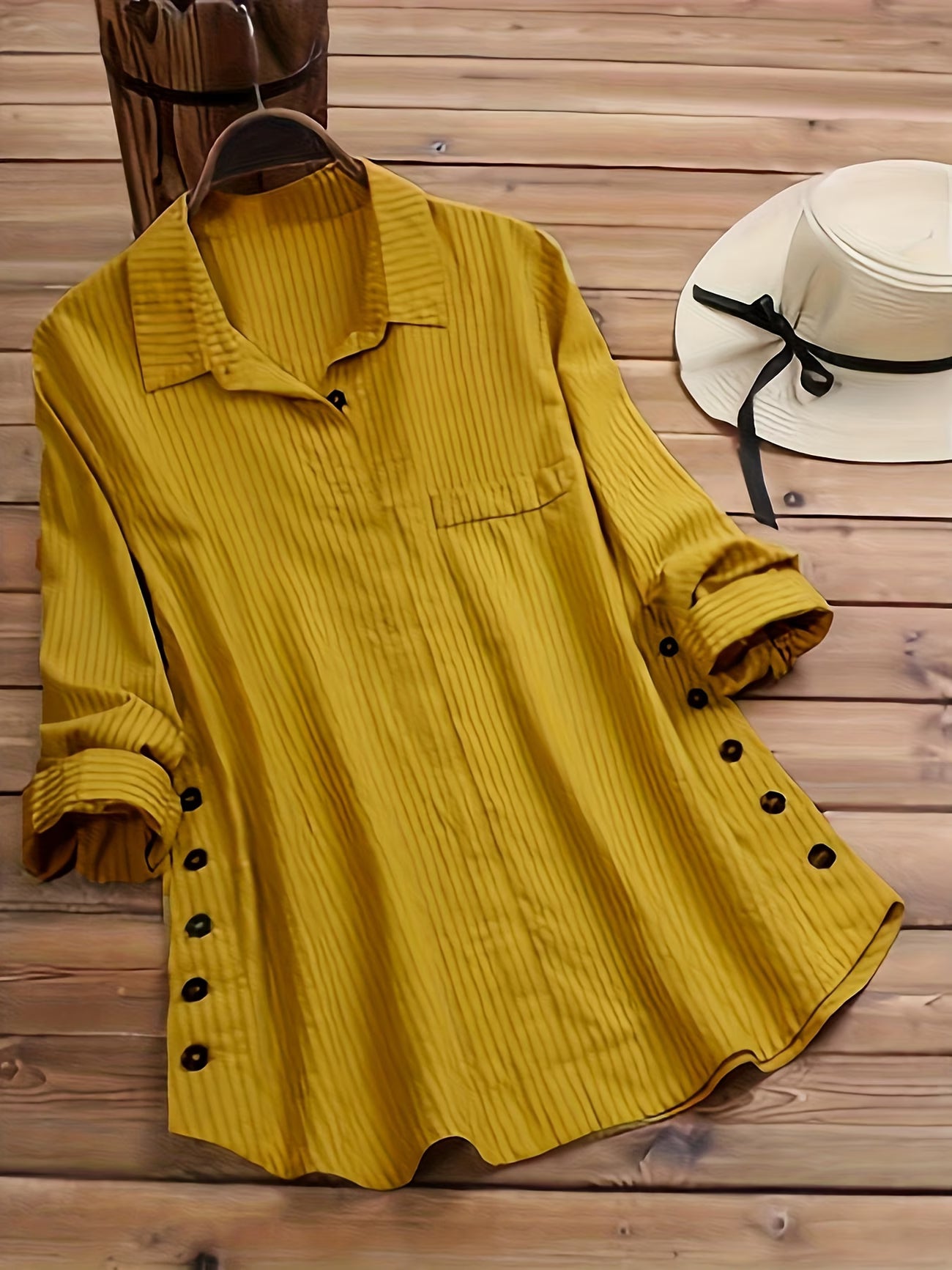 Women's Solid Color Striped Button-Up Faux