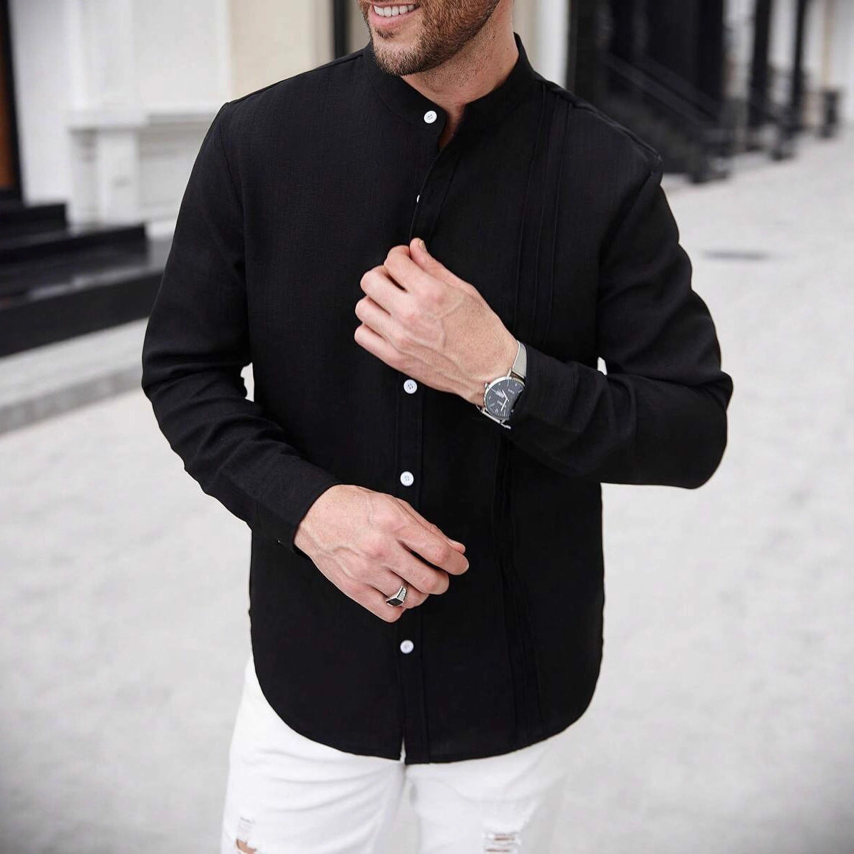 Mens SpringAutumn Small Stand Collar Striped Cardigan Solid Color Long-Sleeve Shirt