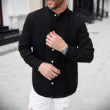 Mens SpringAutumn Small Stand Collar Striped Cardigan Solid Color Long-Sleeve Shirt