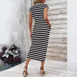 Waist Strap Striped Round Neck Short Sleeve And Long Pattern Dress