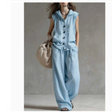 Sleeveless Loose Casual Hooded Top High-Waist Wide-Leg Pants Set