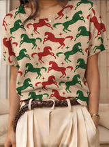 Retro Short-Sleeve Sweater Contrast-Color Jacquard Knit Top