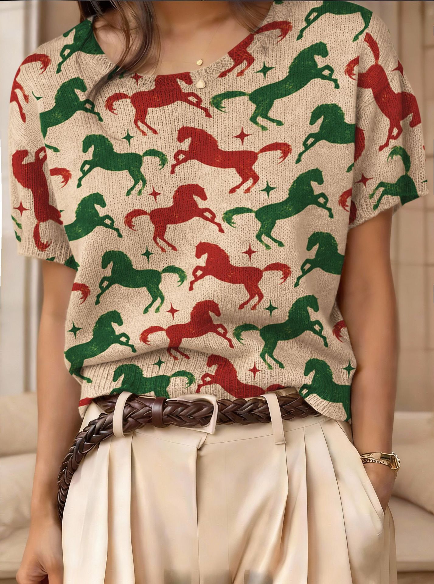 Retro Short-Sleeve Sweater Contrast-Color Jacquard Knit Top