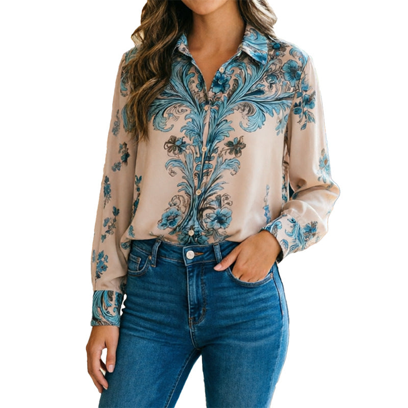 Amazon Cross-Border European Women's Shirt Printed Casual Long Sleeve