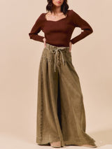 Womens Pleated Mid-Waist Lace-Up Loose Wide-Leg Denim Jeans