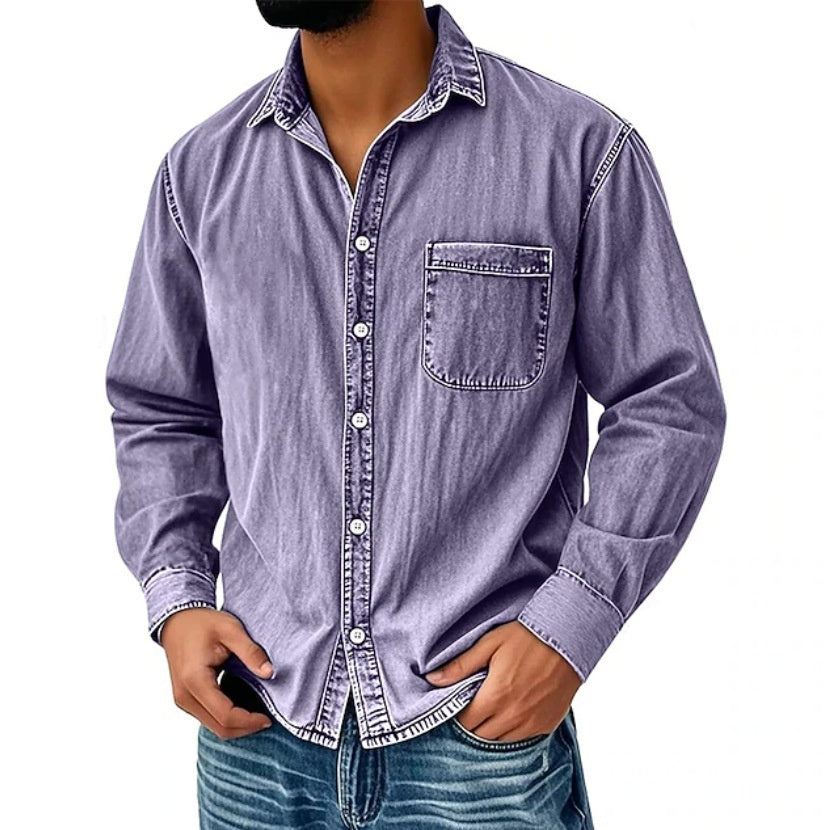 Mens Denim Long-sleeve Shirt Washed Long-sleeve Top