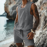 Summer New Casual Vertical Stripe Knitted Suit-Fit Slim Fit Turn-Down Collar Short Sleeve Button-Up Shirt Shorts Men's Summer Wear