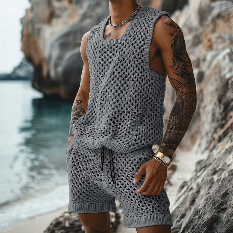 Summer New Casual Vertical Stripe Knitted Suit-Fit Slim Fit Turn-Down Collar Short Sleeve Button-Up Shirt Shorts Men's Summer Wear