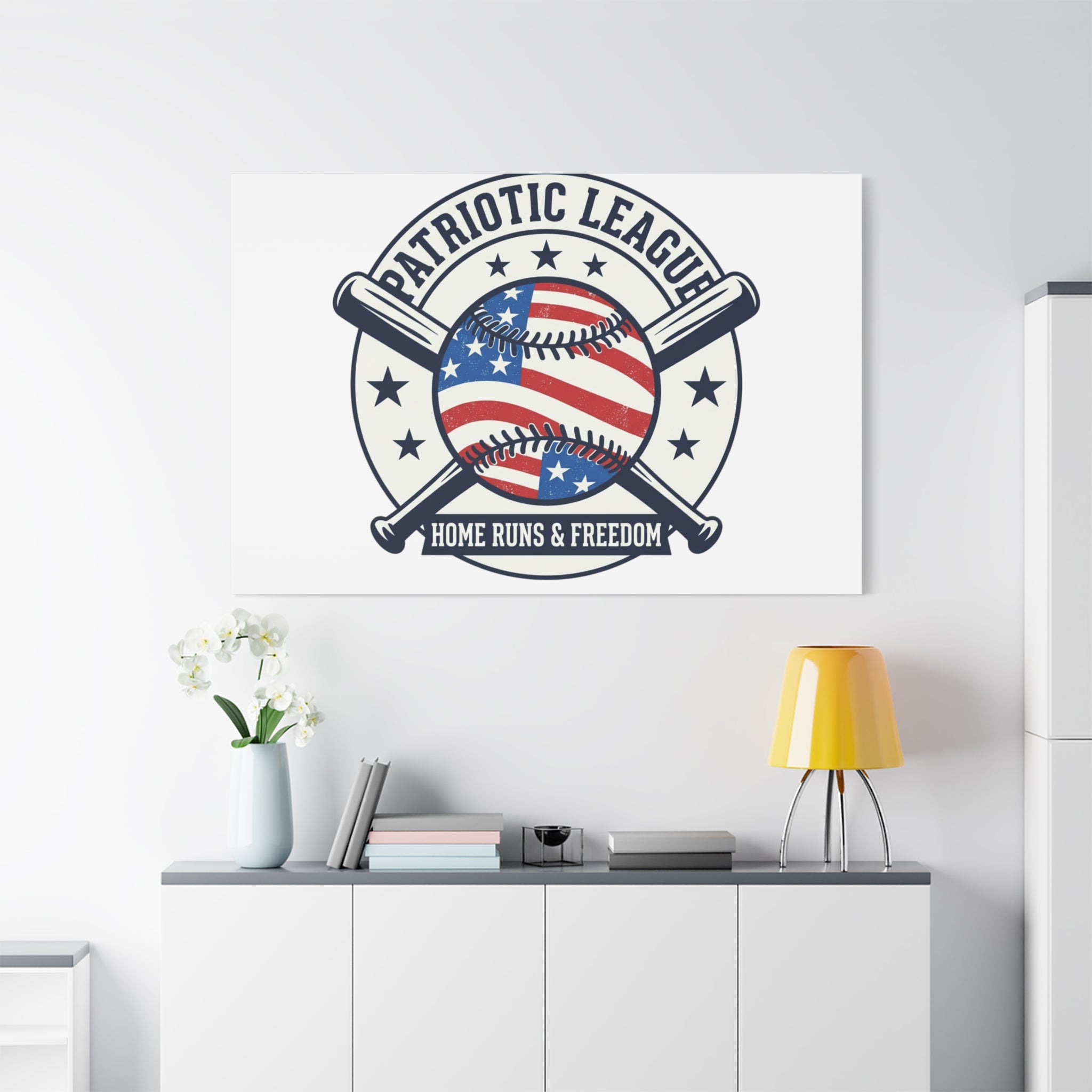 Patriotic Baseball Emblem Canvas | Vintage Red White Blue Baseball Wall Art