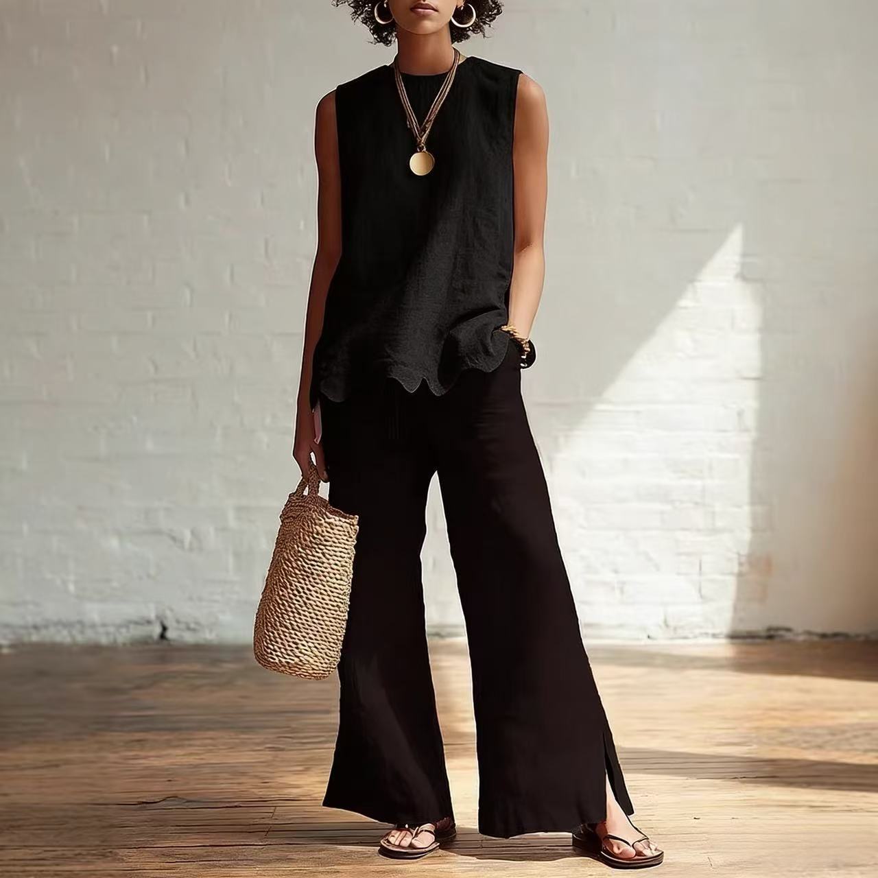 Crew-neck Sleeveless Shirt With A Wave Hem