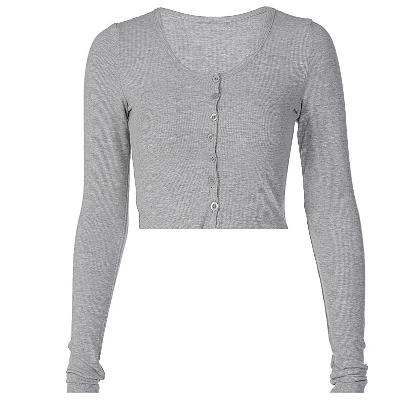 Women's Solid-Colored Single-Breasted Slim-Fit Long-Sleeve Top