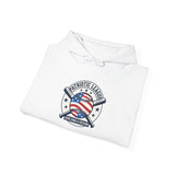 Patriotic Baseball Emblem Hoodie | vintage baseball graphic, red white blue
