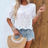 Hollow-out Embroidered Three-quarter Sleeve Womens Shirt