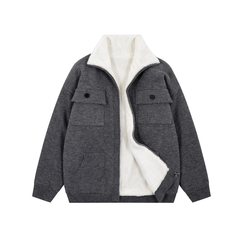 Thick knitted sweater jacket with added velvet