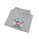 Patriotic Baseball Emblem Hoodie | vintage baseball graphic, red white blue