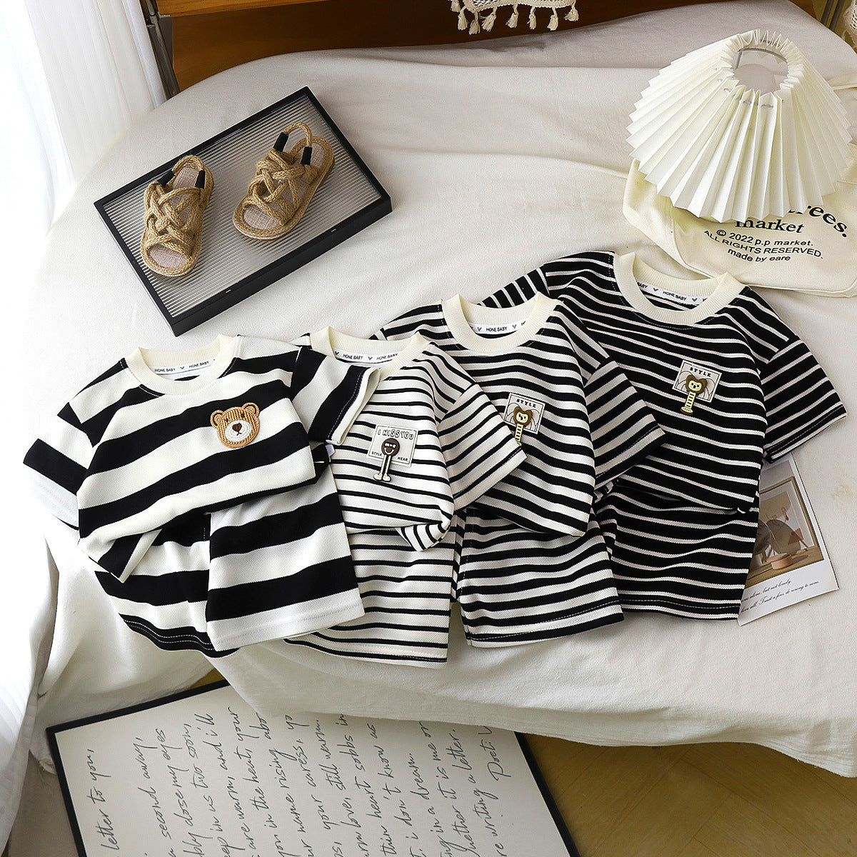 Children's Short-sleeve Set Black And White Striped Boys' T-shirt