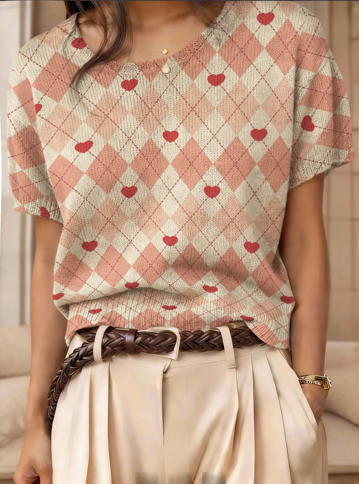 Retro Short-Sleeve Sweater Contrast-Color Jacquard Knit Top