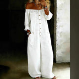 Single-breasted Off-shoulder Washed Faux Denim Jumpsuit