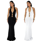 Fashion Women's Sexy Backless Halter Deep V Neck Solid Color Dress