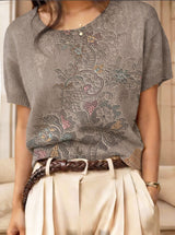 Retro Short-Sleeve Sweater Contrast-Color Jacquard Knit Top