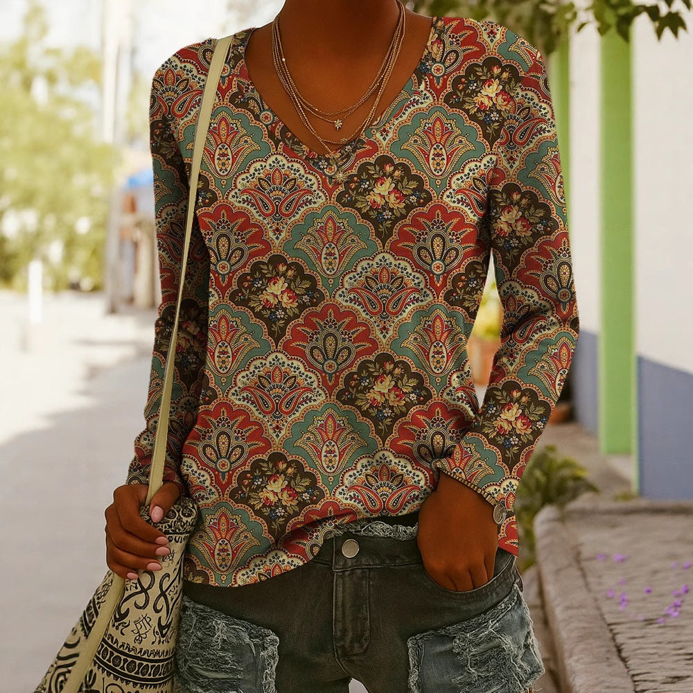 Fashionable Ethnic-Style Printed V-Neck Long-Sleeve T-Shirt