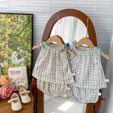 Infant Color Matching Thin Plaid Vest Shorts Set