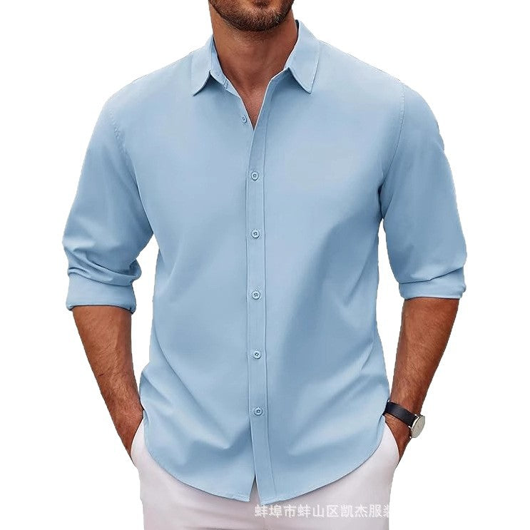 New Mens Long-sleeve Lapel Solid-color Shirt