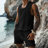 Summer New Casual Vertical Stripe Knitted Suit-Fit Slim Fit Turn-Down Collar Short Sleeve Button-Up Shirt Shorts Men's Summer Wear