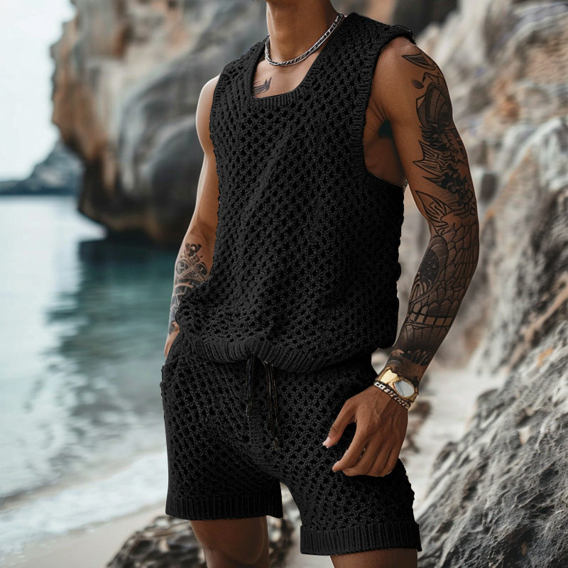 Summer New Casual Vertical Stripe Knitted Suit-Fit Slim Fit Turn-Down Collar Short Sleeve Button-Up Shirt Shorts Men's Summer Wear