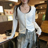 Chic Color-Blocking Round Neck Knit Lightweight Cardigan for Women