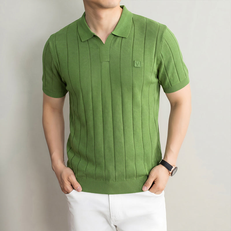Men's Green Vertical Rib Knit Polo Shirt, Johnny Collar Short Sleeve Casual Top