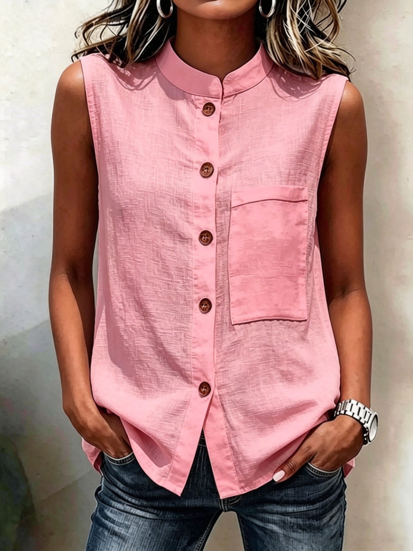 Fashionable Casual Solid-color Top With Buttoned Pockets
