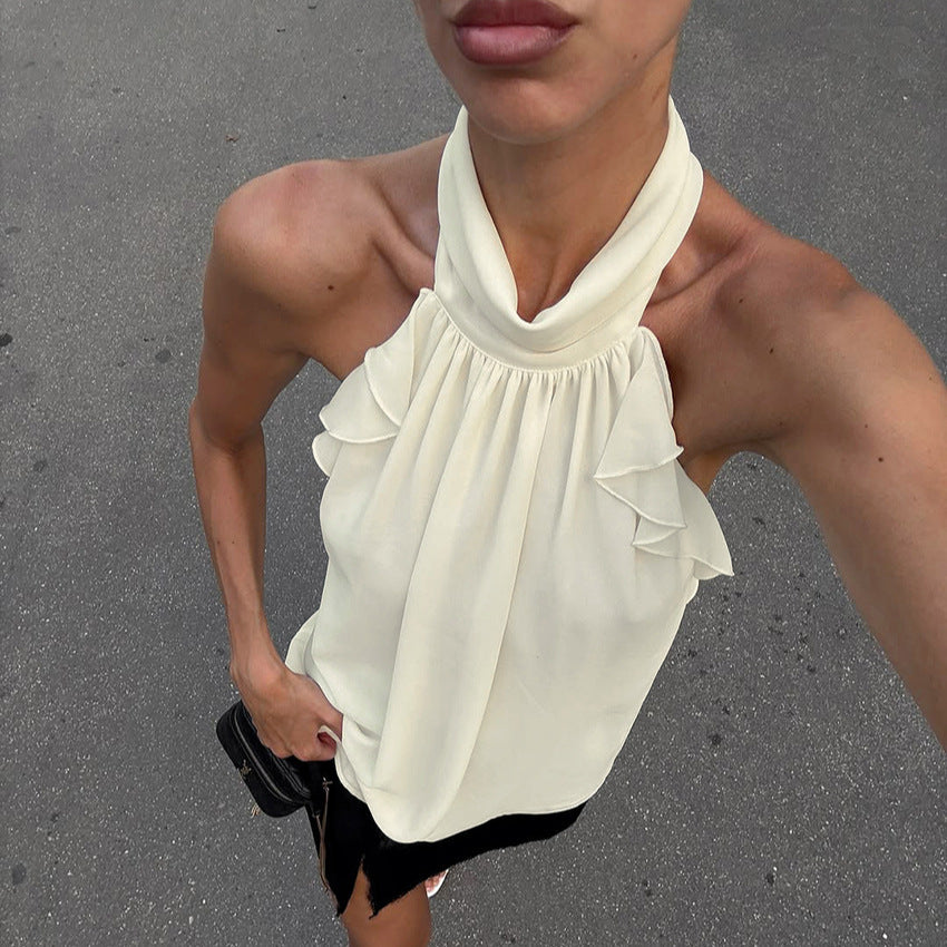 Pure Seduction Style Lotus-Leaf Hem Halterneck Lace-Up Camisole