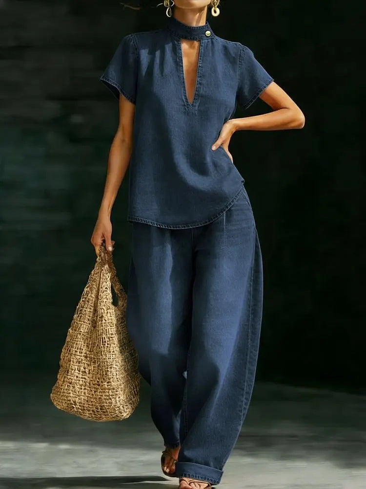 Solid-color Short-sleeve Casual Loose-fit Faux Denim Two-piece Set