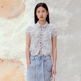 Ruffled Slim-fit Pleated Short-sleeve Top With Drawstring A-line Skirt