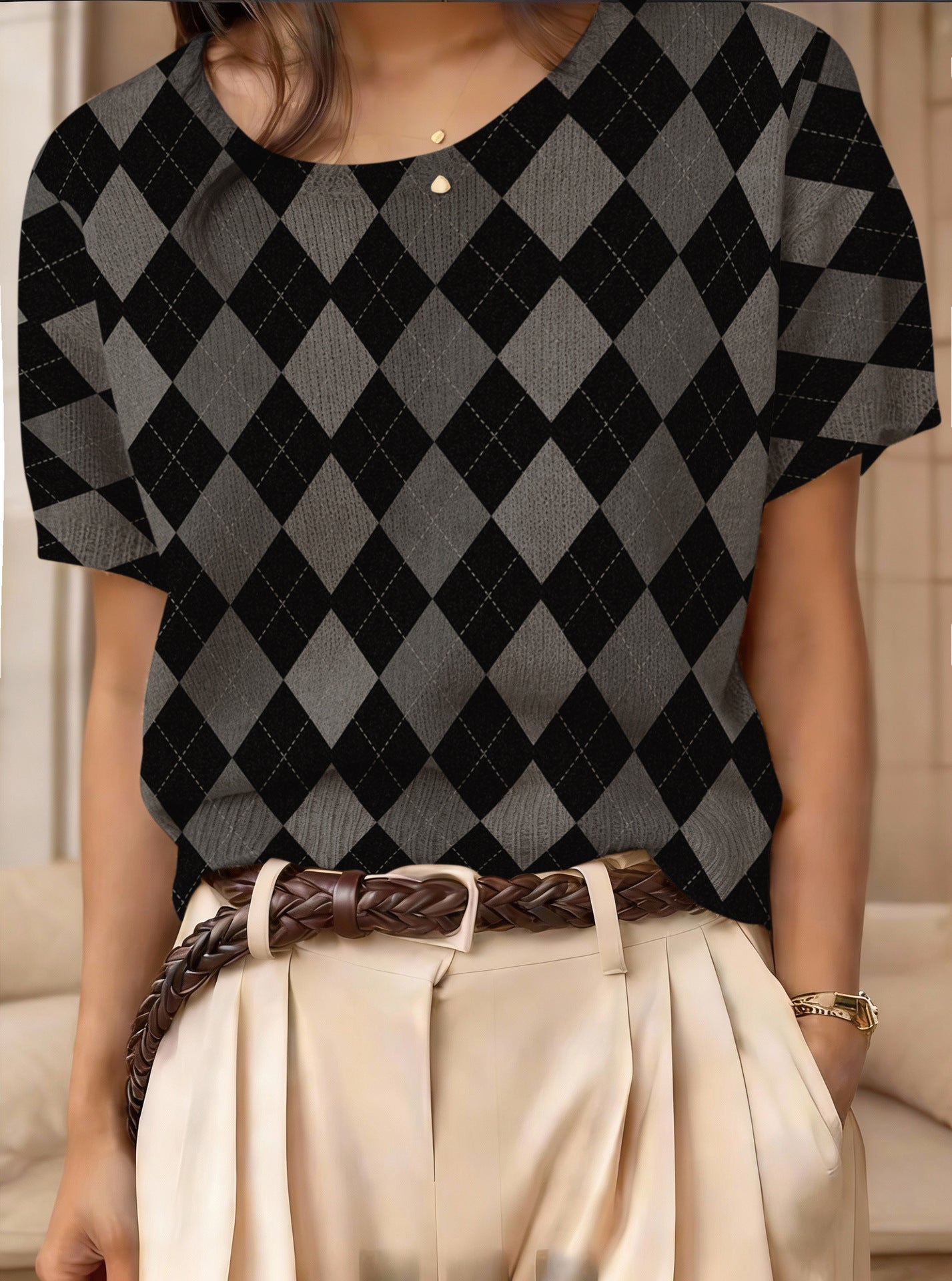 Retro Short-Sleeve Sweater Contrast-Color Jacquard Knit Top