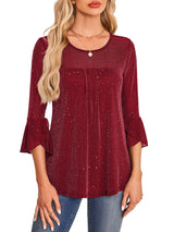 Summer Ruched Flare Sleeve Crew Neck Mesh Top Shirt