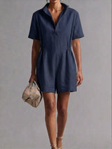 Womens Casual Long-Sleeve Lapel-Neck Split Jumpsuit